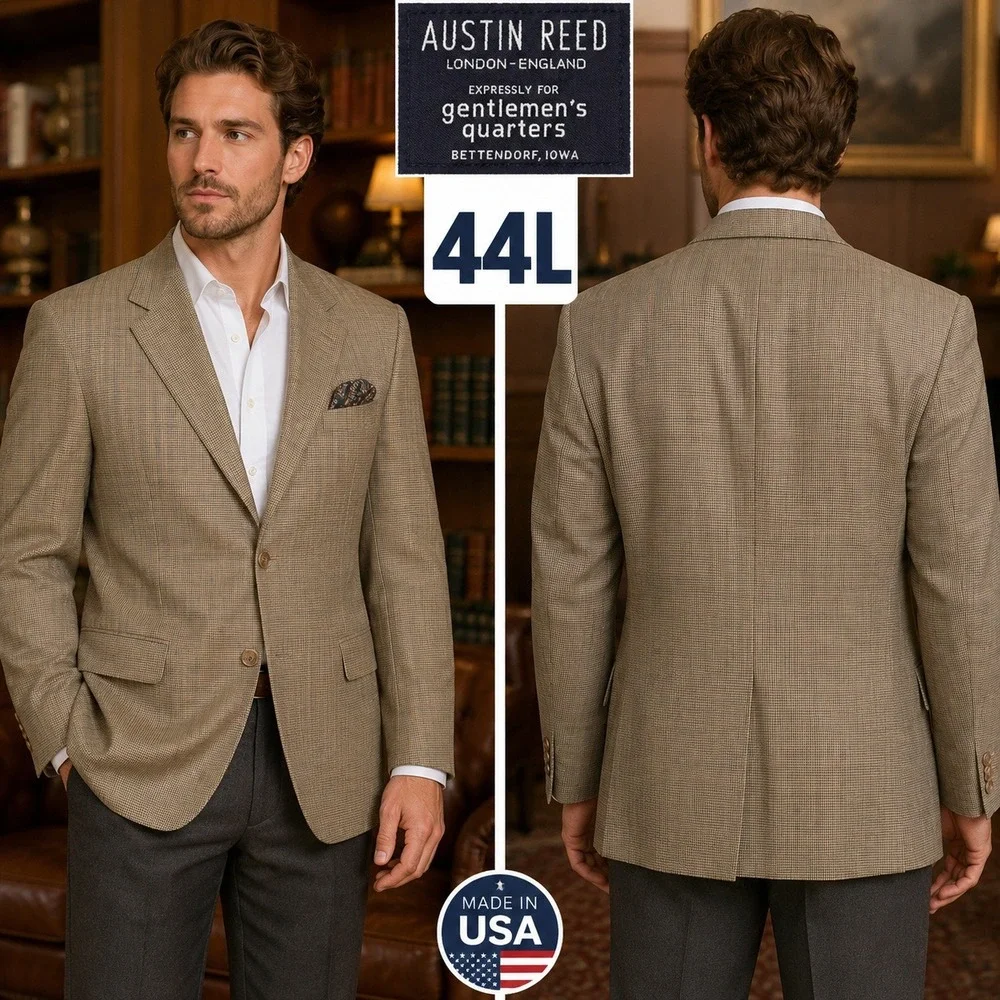 Austin Reed Mens‎ 44L Sport Coat Blazer Tan Houndstooth Pure New Wool USA Made